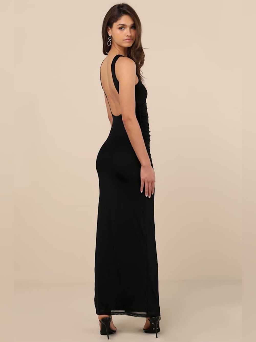 LULUS Karise Ruched Backless Maxi Dress Large Black Mesh Side Slit Formal Event